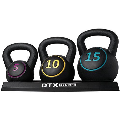 DTX Fitness Kettlebell Weights Set - 5lb (2.3 kg), 10lb (4.5 kg) and 15lb (6.8 kg) Kettlebells and Tray