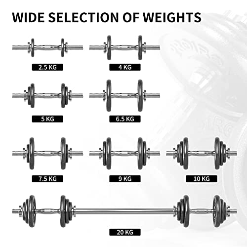 PROIRON 20kg Cast Iron Adjustable Dumbbell Set Hand Weight with Solid Dumbbell Handles Changed into Barbell Handily Perfect for Bodybuilding Fitness Weight Lifting Training Home Gym