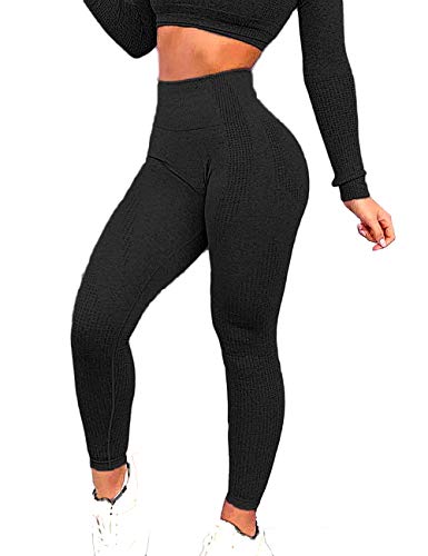 RIOJOY Women Energy Seamless Yoga Leggings Slimming Tummy Control Compression Tights, S, Black