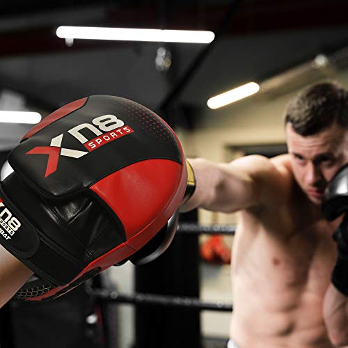 XN8 Boxing Pads MMA Focus Mitts- Adjustable Strap Curved Hook and Jab Hand Padded Target Strike Shield Great for Punching- Martial Arts-Muay Thai Training-Kickboxing-Karate Red