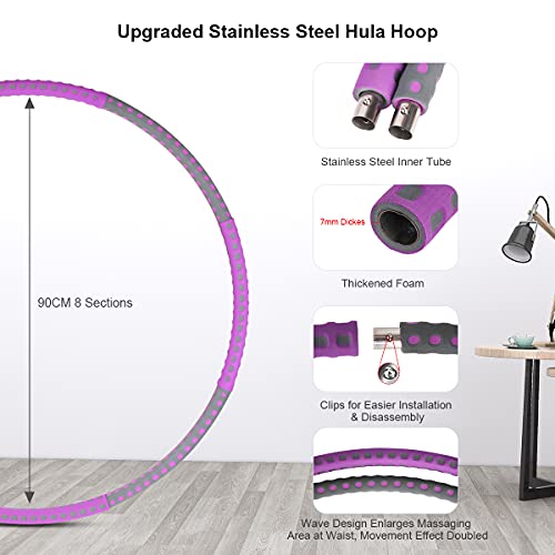 Ausbond Fitness Hula Hoop for Adults, Stainless Steel Hoola Hoop Folding Fitness Weighted 8 Section Detachable Foam Padded Exercise Hula Ring Gift for Kids Ladies Loose Weight, Free Ruler Weight Plug