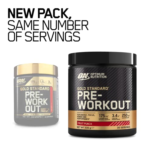 Optimum Nutrition Gold Standard Pre Workout Powder, Energy Drink with Creatine Monohydrate, Beta Alanine, Caffeine and Vitamin B Complex, Fruit Punch, 30 Servings, 330g, Packaging May Vary