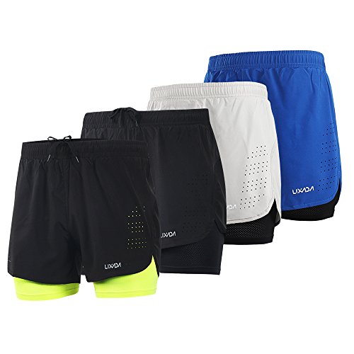 Lixada Mens 2-in-1 Running Shorts Quick Drying Breathable Active Training Exercise Jogging Cycling Shorts with Longer Liner (Green, XL)