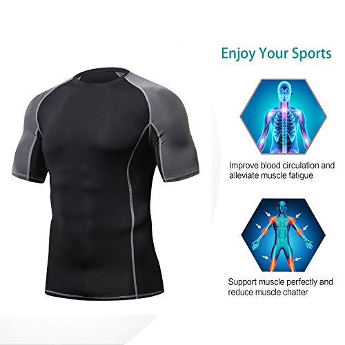 Niksa 3 Pcs Mens Fitness Gym Clothing Set,Sports Wear Exercise Clothes Activewear,Base Layers Shirts+Loose Fitting Shorts+Compression Pants for Workout Training Running (L,Short Sleeve(153519))