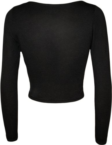 Womens Crop Long Sleeve T Shirt Ladies Short Plain Round Neck Top - Black - 12/14