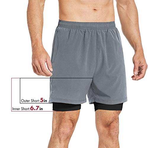 BALEAF Men's 2-in-1 Running Athletic Shorts Zipper Pocket Grey/Black Size L