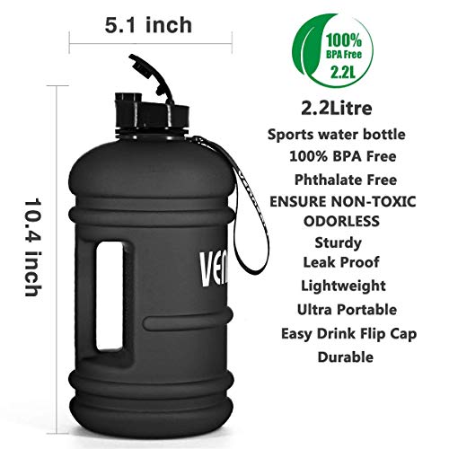 2.2L Water Bottle, Extra Strong Leakproof BPA Free 2.2 Litre Large Water Jug Half Gallon Hydrate Sturdy Ideal for Adults Men Family Sport Gym Fitness Outdoor Cycling Bodybuilding 73oz (Black)
