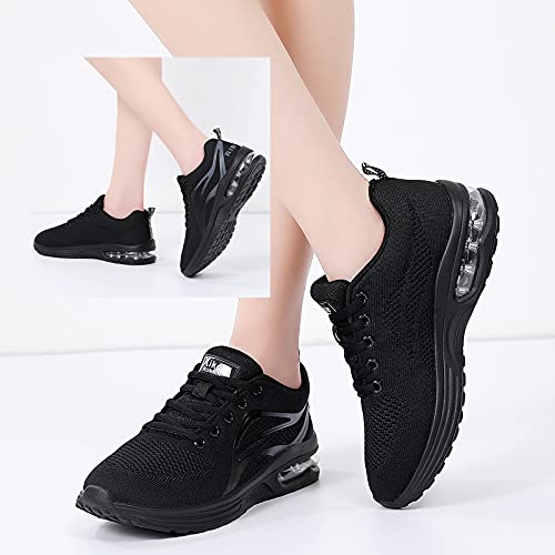 Trainers Womens Running Shoes Ladies Air Cushion Lightweight Mesh Breathable Fitness Tennis Gym Fashion Sneakers Road Running Shoes All Black Size 3.5
