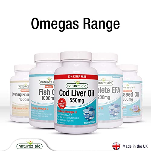 Natures Aid Cod Liver Oil 550 mg 120 Softgel Capsules (Providing 120 mg Omega-3, with Vitamins A and D, For The Normal Function of the Immune System, Purity Guaranteed, Made in the UK)