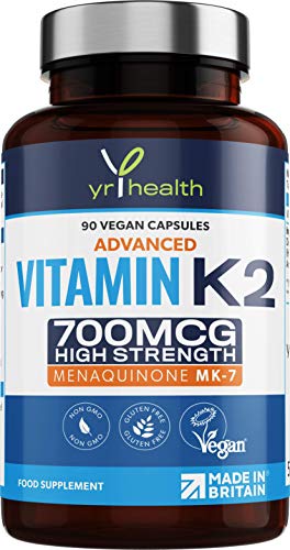 Vitamin K2 MK7 700mcg - High Strength Vitamin K2 Menaquinone - 90 Vegan Society Registered Capsules Not Tablets - Made in The UK by YrHealth