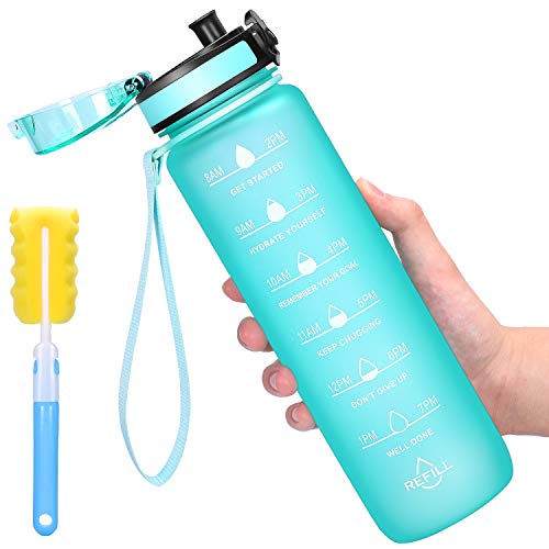 Favofit 1 Litre / 32 oz Sports Water Bottle with Motivational Time Marker, Fruit Infuser Filter and Cleaning Brush, Leakproof, BPA-free Tritan Plastic, 1 Click Open with Lock (Mint)