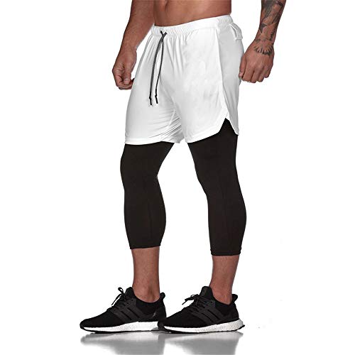Fansu Men's Sport Shorts with Built-in Pocket, Tight Long Liner 2 in 1 Summer Quick Dry Breathable Lightweight Shorts Jogging Cycling Training Running Gym Pants (M,White)