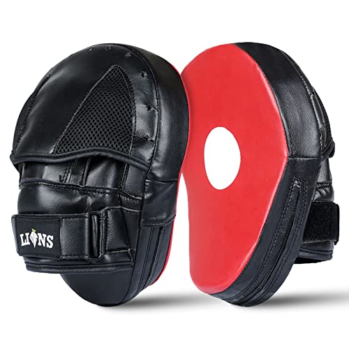 Lions Kids Curved Focus Pads and Gloves Set Hook and Jabs Junior Punch Bag Mitts Boxing MMA Kick Training (Red Stone, 10oz)