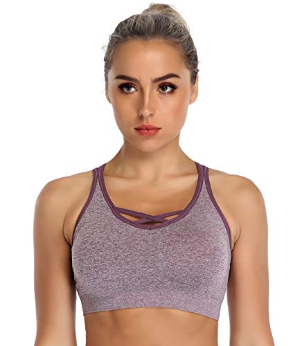 ANGOOL Padded Sports Bra Wirefree Mid Impact Yoga Bras Unique Cross Back Strappy for Gym Yoga Purple