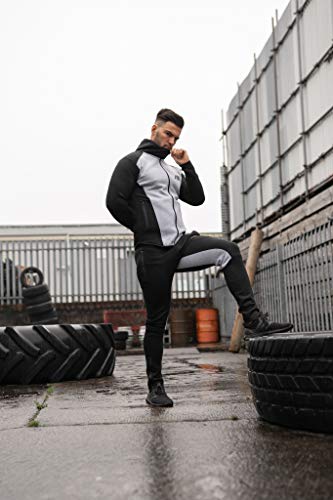 Aspire Wear Mens Tech 2.0 Tracksuit Hoodie and Bottoms Set Gym Fitness Track Suit Active Sport Stretch Slim Fit Top with Joggers (Black and Grey, S)