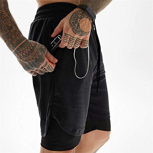ASKSA Men's Sports Shorts 2 in 1 Running or Gym Quick Drying Breathable Training Shorts Joggers Pants with Built-in Pocket(Black,XL)