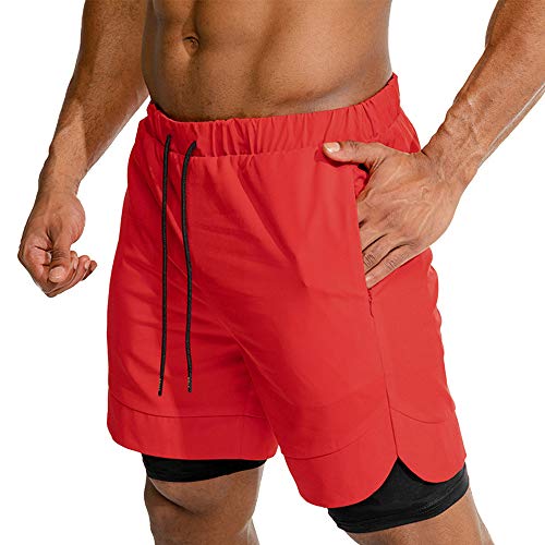 Fansu Men's Sport Shorts 2 in 1 Gym Shorts, Summer Tight Liner Double Layer with Pockets Quick Dry Breathable Jogging Bodybuilding Training Exercise Running Pants (red,L) - Gym Store | Gym Equipment | Home Gym Equipment | Gym Clothing