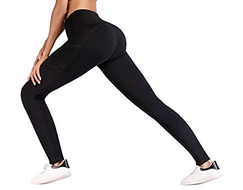 IUGA Yoga Pants with Pockets, Tummy Control, Workout Running Leggings with Pockets for Women, Black I840, S