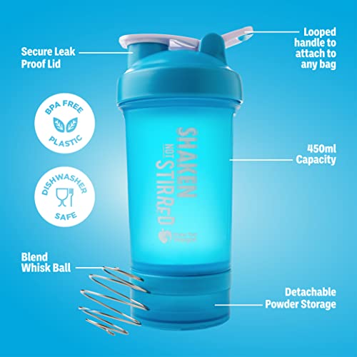 Shake That Weight 450ml Protein Shaker - Blue - With Storage Attachment For Protein and Diet Shake Powder, Wire Ball Mixer, Bag Attachment Loop