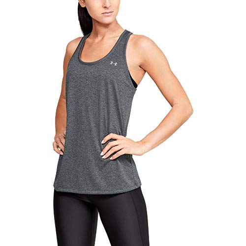 Under Armour Women's Tech - Solid Tank Top for Sport Loose Fit Gym Vest, (Carbon Heather/Metallic Silver (090)), M UK