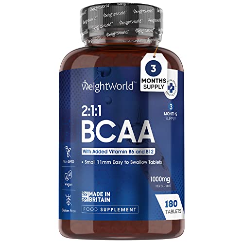 BCAA Tablet 1000mg Per Serving - 180 Protein Tablets (3 Months Supply) - 2:1:1 Branched Chain Amino Acids Tablets with Vitamin B12 & B6 - BCAA Powder Alternative - Pre Workout Supplement for Energy