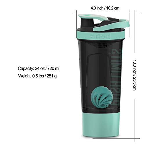 Artoid Mode 720ml Inspirational Sports Fitness Workout Protein Shaker Bottle with Twist and Lock Protein Box Storage, Dual Mixing Technology with Shaker Balls & Mixing Grids - BPA Free