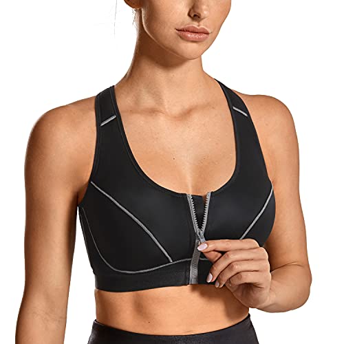 SYROKAN Women's High Impact Front Closure Wirefree Racerback Full Support Sports Bra Black 38E