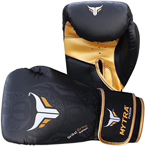 Mytra Fusion Boxing Gloves – Kickboxing Gloves for Men & Women MMA Muay Thai Training Workout Punching Gloves (Black, 10-oz)