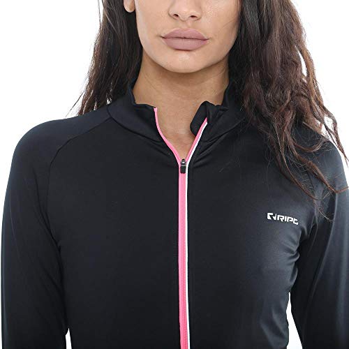 RIPT Performance Ladies Workout Training Top Zip Up Quick Dry Thumb Hole Long Sleeve Gym Jacket, Black/Pink, Small