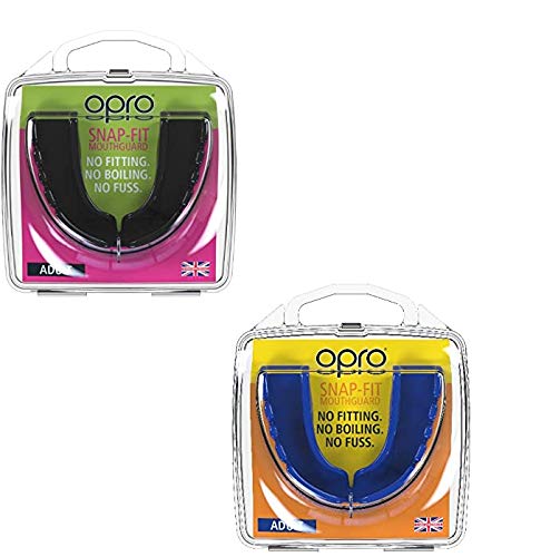 Opro Snap Fit (Twin Pack) Mouth Guard Gum Shield for Rugby, Hockey, MMA, Boxing (Black + Blue colours) (Adult)