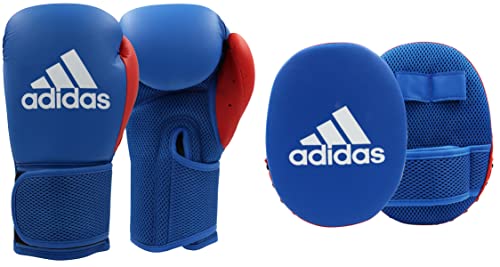 adidas Boxing Gloves and Focus Mitts Set Adult Men Women Kids Fitness Training Workout Gym Pads 10oz 6oz, Blue