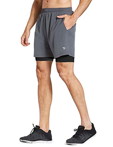 BALEAF Men's 2-in-1 Running Athletic Shorts Zipper Pocket Grey/Black Size L