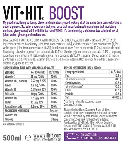 VIT HIT Boost - 12 x Berry + Ginseng + Rooibos Tea | Vegan, Low Sugar, Low Calories, Vitamin Drink | 100% RDA of 8 Vitamins (500ml x 12 Bottles)
