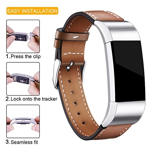 Mornex Strap Compatible Fitbit Charge 2 Band Leather Strap, Classic Adjustable Replacement Wristband Fitness Accessories With Metal Connectors