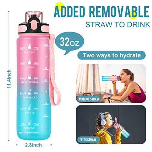 MYFOREST 1Litre Water Bottle BPA Free Material,1L Drinking Bottle with Straw & Time markings,1000ml Water Jug Meet Your Drinking Water Needs Throughout The Day - Pink Blue