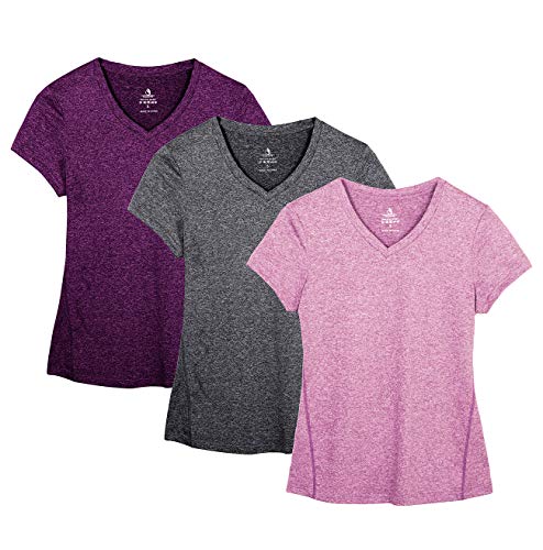 icyzone Women's Workout Running T-Shirt Yoga Fitness V-Neck Short-Sleeve Tops Sports Shirt, 3 Pack (XL, Charcoal/Red Bud/Pink)