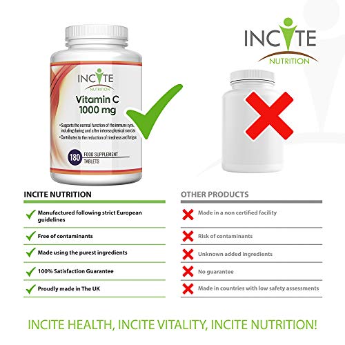 Vitamin C 1000mg | 180 Premium Tablets (6 Month’s Supply) | High Dose Quality Ascorbic Acid | Suitable for Vegetarian & Vegans| Made in The UK by Incite Nutrition®