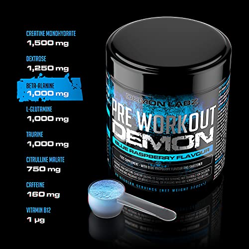 Pre Workout Demon (Blue Raspberry Flavour) - Hardcore pre-Workout Supplement with Creatine, Caffeine, Beta-Alanine and Glutamine (640g)