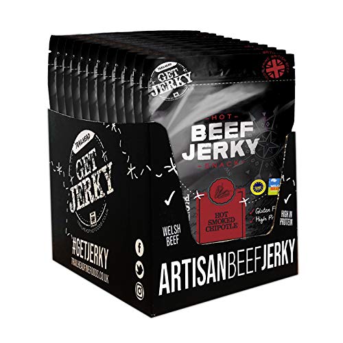 Get Jerky - Hot Smoked Chipotle Welsh Beef Jerky Box - High Protein & Gluten Free Snack - 12x40g
