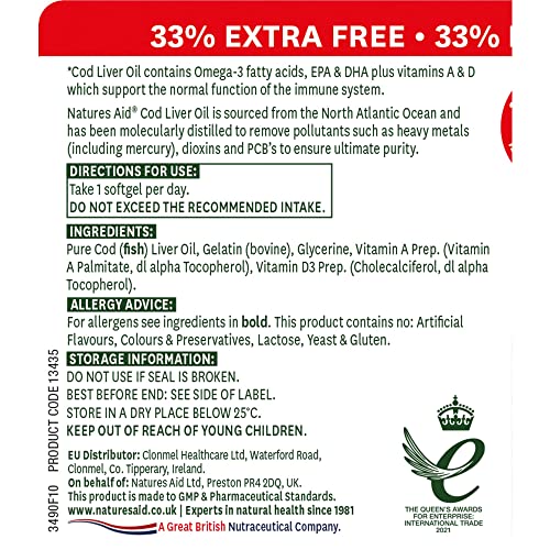 Natures Aid Cod Liver Oil 550 mg 120 Softgel Capsules (Providing 120 mg Omega-3, with Vitamins A and D, For The Normal Function of the Immune System, Purity Guaranteed, Made in the UK)