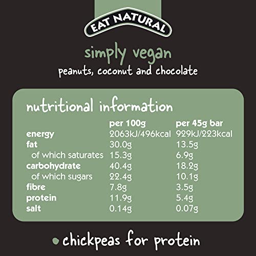 Eat Natural Simply Vegan Peanuts, Coconut & Chocolate — 12 x 45g Snack Bars 45g, Gluten Free Snacks — Dark Chocolate, Peanuts, Toasted Coconut & Blossom Nectar — High Fibre Cereal Bars — Vegan