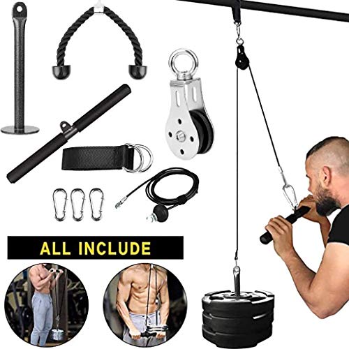 3 in 1 Pulley Cable, 1.8M Home Cable Pulley System, Fitness Pulley System,Gym Equipment for Home, with Straight Bar, Band Handles Grips, Nylon Tricep Rope, 3parts Acessories Exchange Use for Home Gym