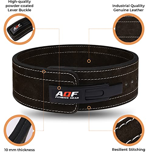 AQF Leather Weight Lifting Belt Powerlifting Belt Back Support – 4” Wide x 10mm Thick Lever Buckle Cowhide Leather Training Belt Suede Lining Black & Brown (M, Black)