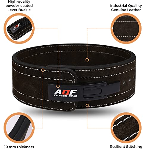 AQF Leather Weight Lifting Belt Powerlifting Belt Back Support – 4” Wide x 10mm Thick Lever Buckle Cowhide Leather Training Belt Suede Lining Black & Brown (M, Black) - Gym Store