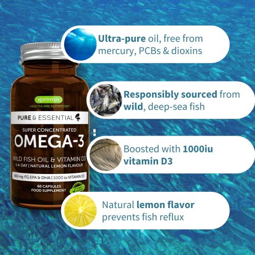Omega-3 Wild Fish Oil & Vitamin D3 1000IU, 1-a-Day, Highly Concentrated EPA & DHA, Fast-Acting rTG, Natural Lemon Flavour, 60 Softgels, by Igennus