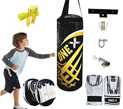 ONEX Kids *Punching bag* Gloves Skipping Rope Boxing Bag Rucksack Mount Hook Set 2ft Red Set, Perfect for Junior/Children Workout (Black)