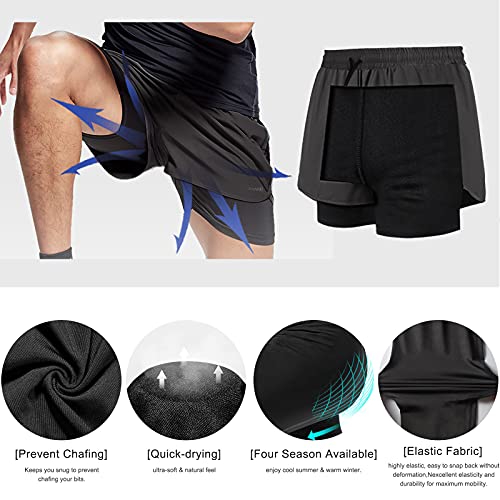 Danfiki Running Shorts Men with Phone Pocket 2 in 1 Gym Training Shorts Lightweight Quick Drying Black