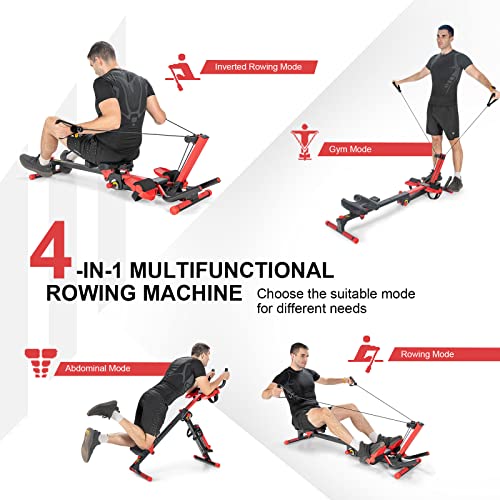 COSTWAY 4-in-1 Rowing Machine, Folding Abdominal Cruncher with Digital Monitor, Adjustable Handrail, Seat & Pedals, Cardio Training Rower for Home Gym