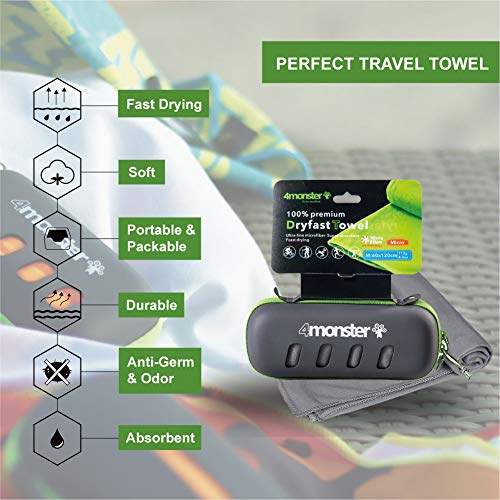 4Monster Microfiber Towel with Carry Case, Super Absorbent Travel Towel, Quick Dry Towel, Camping Towel, Great for Gym, Beach, Swimming, Backpacking and More