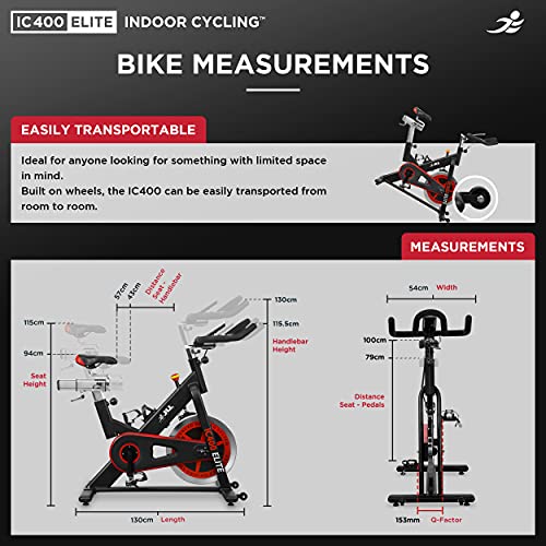 JLL IC400 ELITE Indoor Bike, Direct Belt Driven Exercise Bike For Home, 20kg Flywheel, Friction Resistance, Monitor, Heart Rate Sensors, Adjustable Seat, 12 Months Domestic Warranty, Black and Red